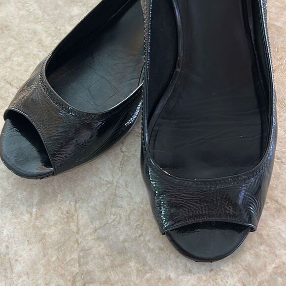 Cole Haan Black Patent Peep Toe Wedges - Picture 3 of 6